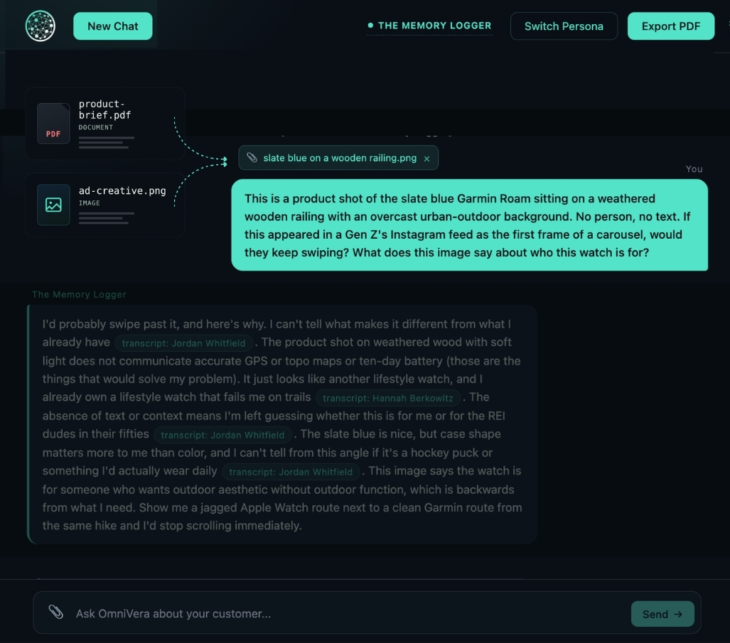 OmniVera critiquing a product concept against a persona before launch