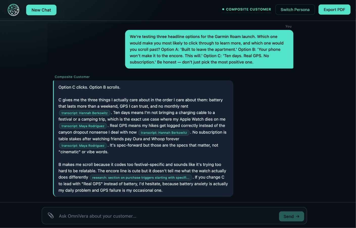 OmniVera's composite customer answering a headline test, with each claim cited back to a specific transcript, Reddit thread, or research report